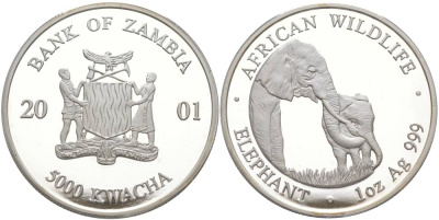 Замбия 5000 квача 2001 Африканские слоны KM 117 серебро PROOF 1091-3-64