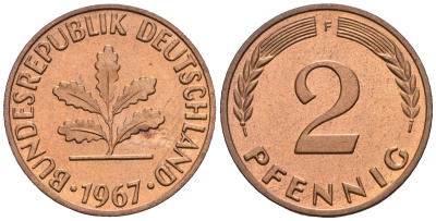 ФРГ 2 пфеннига 1967 F KM 106, J.381 бронза PROOF 1094-7-73