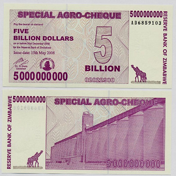 Зимбабве 5000000000 долларов 2008 жираф, силосная башня Pick 61 бумага UNC (пресс) 448-53-3