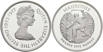Маврикий 25 рупий 1977 25 лет правления (серебрянный юбилей) королевы Елизаветы II (1952-1977), тираж 47000 экз. KM 43а серебро PROOF 00-00