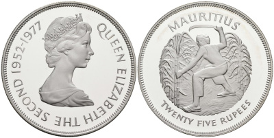 Маврикий 25 рупий 1977 25 лет правления (серебрянный юбилей) королевы Елизаветы II (1952-1977), тираж 47000 экз. KM 43а серебро PROOF 00-00