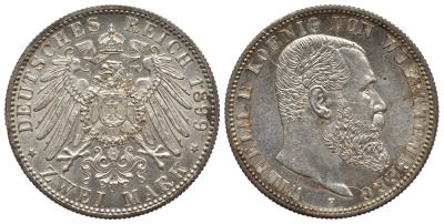 Вюртемберг 2 марки 1899 F, Вильгельм II (1891-1918) Weege 170, J. 174, KM 631 серебро 413-4823