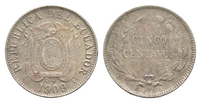 Эквадор 5 сентаво 1909 H KM 60.1 медно-никель 1528-1342