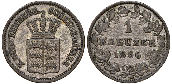 Вюртемберг 1 крейцер 1866 Карл I (1864-1891) KM 612, Jaeger 82, AKS 128 серебро    220-932