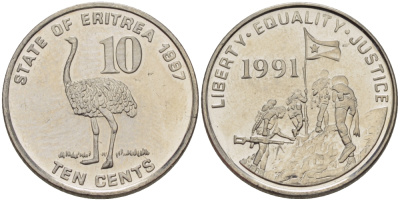 Эритрея 10 центов 1997 страус KM 45 сталь плакированная никелем UNC 67-1244