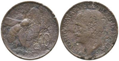 ИТАЛИЯ 10 ЧЕНТЕЗИМО 1923 R, ПЧЕЛА, ВИКТОР ИМАНУИЛ III KM 60 медь 34-447