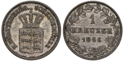 Вюртемберг 1 крейцер 1866 Карл I (1864-1891) KM 612, Jaeger 82, AKS 128 серебро    220-932