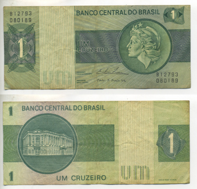 БРАЗИЛИЯ 1 КРУЗЕЙРО 1975 СЕРИЯ В 12793, ПОДПИСЬ 18, ГОЛОВА СВОБОДЫ Pick 191Аb бумага 6266-38-2-2