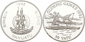 Вануату 50 вату 1992 XXV Олимпийские игры в Барселоне 1992 года, гребля на каное KM 14 серебро PROOF 02-039-24