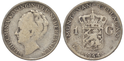 Нидерландское Кюрасао 1 гульден 1944 D, Вильгельмина (1890-1948) KM 45 серебро 36-517