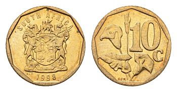 ЮАР 10 центов 1998 герб, цветок алоэ KM 161 сталь плакированная бронзой UNC 4694-746