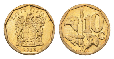 ЮАР 10 центов 1998 герб, цветок алоэ KM 161 сталь плакированная бронзой UNC 4694-746