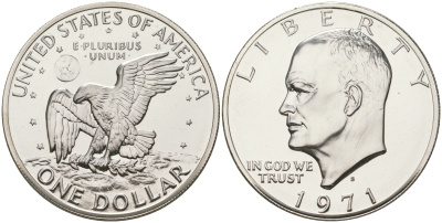 США 1 доллар 1971 S, Президент Эйзенхауэр, лунный орел KM 203a серебро  PROOF 1095-8-23