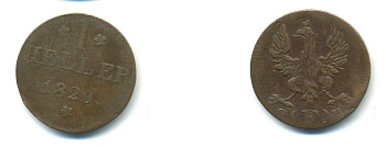 Франкфурт 1 геллер 1820 GB AKS 30, Jaeger 10, KM 301 медь 46-352
