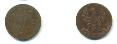 Франкфурт 1 геллер 1820 GB AKS 30, Jaeger 10, KM 301 медь 46-352