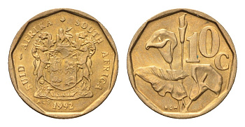 ЮАР 10 центов 1992 герб, цветок алоэ KM 135 сталь плакированная бронзой UNC 4694-651