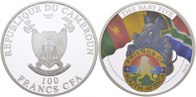 КАМЕРУН 100 ФРАНКОВ 2010 СЕРИЯ ДЕТЕНЫШИ БОЛЬШОЙ ПЯТЕРКИ, ЧЕРНЫЙ НОСОРОГ, ЭМАЛЬ, ТИРАЖ 1000 ЭКЗ. KM NEW медь плакированная серебром 00-000-00