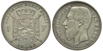 БЕЛЬГИЯ 1 ФРАНК 1887 ЛЕОПОЛЬД II (1865-1909), BELGEN, РАЗНОВИДНОСТЬ С ТОЧКОЙ В ПОДПИСИ KM 29.1 серебро 3896-933