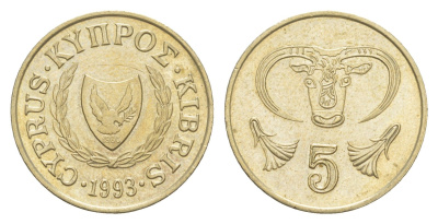 Кипр 5 центов 1993 голова быка KM 55.3 никель латунь aUNC 4649-1163