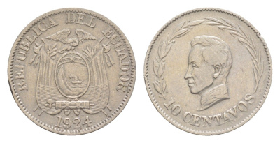 Эквадор 10 сентаво 1924 KM 66 медно-никель 1528-1421