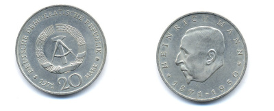 ГДР 20 марок 1971 А, 100 лет со дня рождения Генриха Манна (1871-1950) KM 33, J. 1531 медно-никель 3333-325