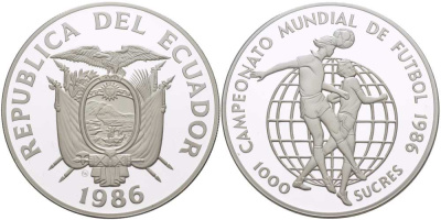 Эквадор 1000 сукре 1986 чемпионат мира по футболу в Мексике 1986 года, удар головой KM 88 серебро PROOF 00-000-00