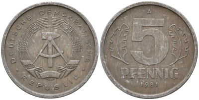 ГДР 5 пфеннигов 1981 A KM 9.2 алюминий 218-1211