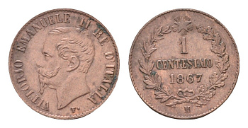Италия 1 чентезимо 1867 M, Виктор Эммануил II (1861-1878) KM 1.1 медь 4580-1119