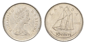 Канада 10 центов 1983 Елизавета II (1952-2022), парусник KM 77 никель 4689-553