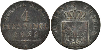 Пруссия 4 пфеннига 1821 А, Фридрих Вильгельм III (1797-1840) KM 408, Olding 188, Jaeger 45, AKS 32 медь 4448-1152