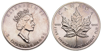 Канада 5 долларов 1995 Кленовый лист, Елизавета II KM 187 серебро BU 413-4525
