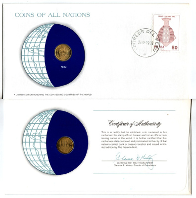 Перу 1 соль 1980 конверт с маркой первого дня гашения, Coins of Nations KM 266.2 латунь UNC 4294-72-3
