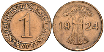 Германия 1 рентенпфенниг 1924 A KM 30, J. 306 бронза 4608-627