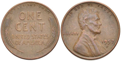 США 1 ЦЕНТ 1957 D, ЛИНКОЛЬН KM А132 медь цинк 218-714