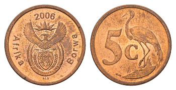ЮАР 5 центов 2006 герб, райский журавль, год-тип KM 486 сталь плакированная медью UNC 4687-311