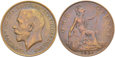 Великобритания 1 пенни 1921 Георг V (1910-1936) KM 810, Spink 4051 бронза 180-121
