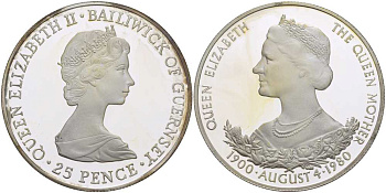 Гернси 25 пенсов 1980 80 лет Королеве Елизавете (королеве матери), в оригинальной коробке, с сертификатом KM 35а серебро PROOF 6-5-3-28