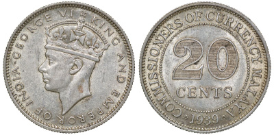 Британская Малайя 20 центов 1939 Георг VI (1937-1952) KM 5 серебро 53-356