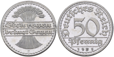 Германия 50 пфеннигов 1921 E KM 27, J. 301 алюминий PROOF 00-817-20