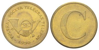 Польша телефонный жетон C 1990 диаметр 19 мм, вес 4,1 гр латунь UNC 4700-114