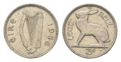 Ирландия 3 пенса 1966 заяц KM 12a медно-никель 4690-322