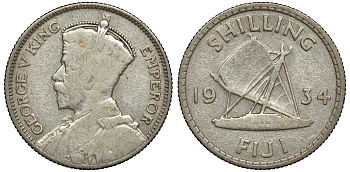 Фиджи 1 шиллинг 1934 Георг V (1910-1936), парусник KM 4 серебро 91-952