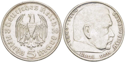 Германия 5 рейхсмарок 1936 A, Пауль фон Гинденбург (1847-1934) KM 86, J. 360 серебро    1515-1011