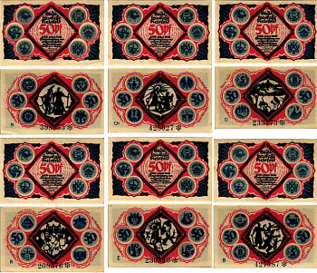 БИЛЕФЕЛЬД, ГЕРМАНИЯ НАБОР ИЗ 6 БАНКНОТ 1921 НОТГЕЛЬД, ЗЕМЛЯ СЕВЕРНЫЙ РЕЙН-ВЕСТФАЛИЯ, 6 Х 50 ПФНННИГОВ, 15 МАЯ 1921 ARNOLD KELLER 103.5 бумага UNC (ПРЕСС) 7218-17-1