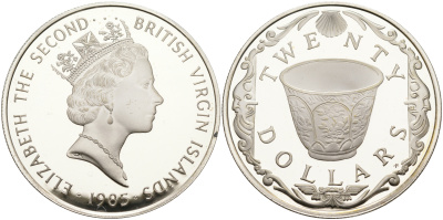 Британские Виргинские острова 20 долларов 1985 фарфоровая чашка KM 49 серебро  PROOF  1095-2-21
