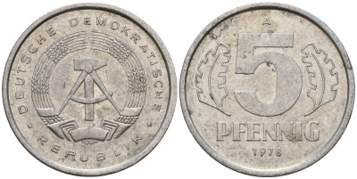 ГДР 5 пфеннигов 1978 A KM 9.2 алюминий 218-1136