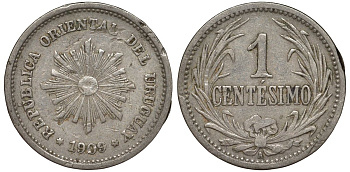 Уругвай 1 сентесимо 1909 KM 19 медно-никель 4169-625