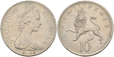 Великобритания 10 пенсов 1975 Елизавета II (1952-2022) KM 912, Spink 4231 (F1) медно-никель 4117-925