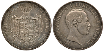 Гессен-Кассель 1 талер 1865 Фридрих Вильгельм I (1847-1866) КМ 621.2, Jaeger 48b, Thun 190, AKS 63, Davenport 695 серебро 00-822-58