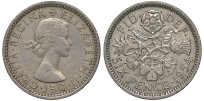 Великобритания 6 пенсов 1954 Елизавета II (1952-2022) KM 903, Spink 4149 медно-никель 4128-826